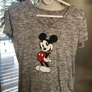 Disney Mickey Mouse Gray V Neck‎ T Shirt Womens Top